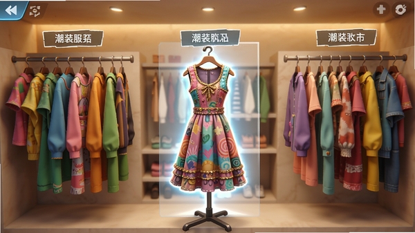 疯狂潮装服饰单品展示图,衣橱界面挂满各式服装,色彩斑斓,服装分类标签清晰可见,画面中央有一件高亮显示的连衣裙,突出单品细节,背景为简约时尚更衣室,灯光温馨,适合体现游戏内丰富穿搭元素。