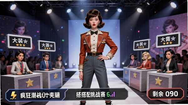 疯狂潮装搭配挑战赛场景图,舞台中央站着一位模特,身上穿着复古风格服饰,评委席上有多个虚拟人物打分牌,背景是时尚秀场灯光,气氛热烈,游戏界面显示挑战主题和剩余时间,突出赛事氛围。