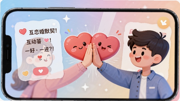 新时代婚恋交友应用内的双人答题互动游戏界面,手机屏幕上显示可爱风格的题目卡片和两颗紧紧相连的爱心,背景是柔和渐变色,两个卡通人物形象隔着屏幕击掌,传递出互动的乐趣与默契。