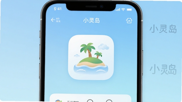 小灵岛APP主界面预览图,画面中央为简约的岛屿图标,背景是柔和的渐变蓝色,整体风格清新明亮,突出软件的核心全貌与生活服务定位。