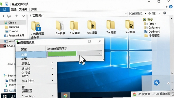 易通文件夹锁右键菜单功能演示,鼠标指针悬停在“加密”选项上,左侧弹出加密进度条窗口,背景为带有多个文件夹的Windows资源管理器界面,画面清晰展示软件在系统菜单中的深度集成