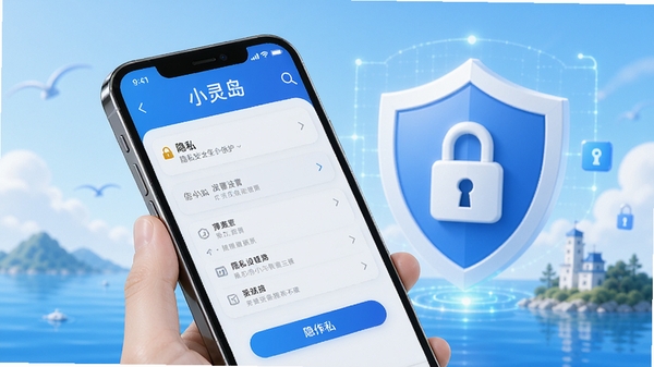 小灵岛隐私安全保护示意图,画面中手机屏幕显示隐私设置选项,背景有盾牌图标和锁形符号,色调为蓝色和白色,传达出安全可靠的品牌形象。