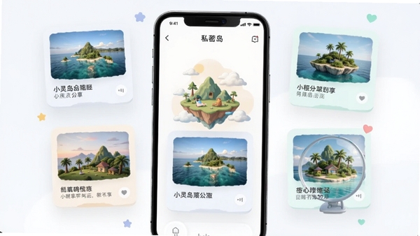 小灵岛动态分享功能示意图,手机界面显示多个漂浮的岛屿卡片,每个卡片上有不同的照片和文字摘要,色彩柔和,界面简洁,突出私密分享的轻松感