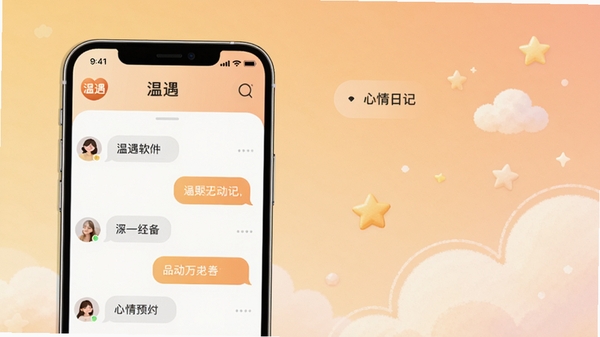 温遇软件主界面预览图,手机屏幕显示聊天列表与心情日记入口,背景是柔和的渐变暖色调,画面中央偏左放置一部智能手机,屏幕中可见“温遇”logo和几个对话气泡,右侧留白区域有淡淡的云朵和星光点缀,整体风格温馨治愈,适合社交应用展示