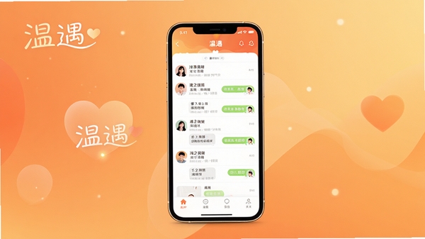 温遇软件主界面预览图,画面中央是一部手机,屏幕上显示温遇APP的聊天列表页面,背景是柔和的渐变暖色调,营造出温馨、舒适、安全的社交氛围,整体风格简约现代,突出软件名称“温遇”二字