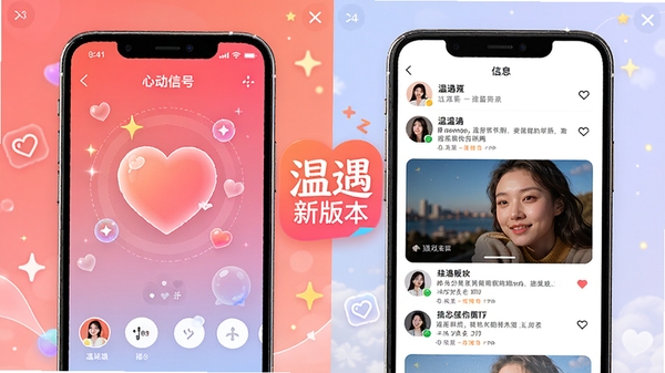 温遇APP新版本功能展示图,画面采用分屏设计,左侧展示新增的心动信号特效界面,右侧展示优化后的信息流页面,整体风格明亮,色彩丰富,突出版本升级带来的新体验,并标注“温遇”新版本标识