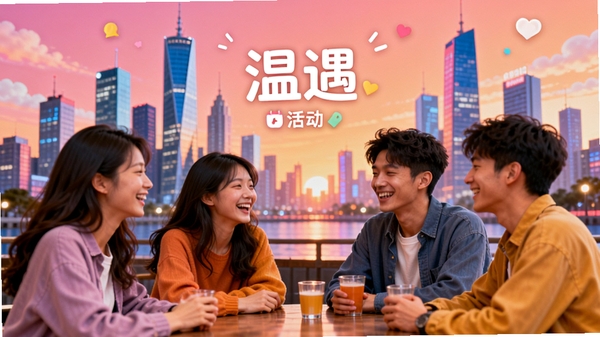 温遇APP同城活动页面展示,画面背景为一座充满活力的现代城市剪影,前景是几个年轻人围坐在一起愉快交流的场景,界面设计活泼,色彩明亮,突出“同城”与“活动”概念,并巧妙融入“温遇”字样