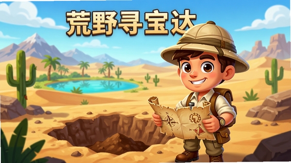 荒野寻宝达人游戏宣传图,画面中央一名戴着探险帽的主角站在荒野中的挖掘坑旁,手持藏宝图,背景是广袤的沙漠与绿洲,远处有起伏的山脉和蓝天白云,整体风格卡通清新,色彩明亮,突出寻宝探险的核心主题