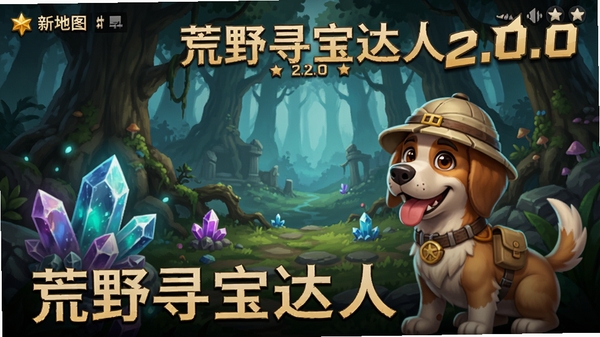 荒野寻宝达人v2.0.0版本更新内容宣传图,画面展示新地图迷雾森林的场景,有发光的稀有矿石和一只戴着探险帽的宠物狗,界面风格与游戏内保持一致,并有“2.0.0”版本号标识