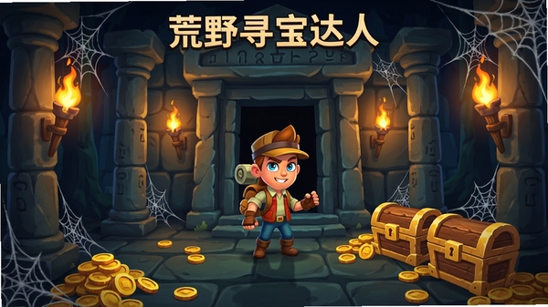 荒野寻宝达人新地图古墓秘境场景,角色站在古墓入口,周围有石柱、火把、蜘蛛网,地面有金币和宝箱,光线昏暗,氛围神秘,风格卡通,细节丰富,适合展示新版本内容