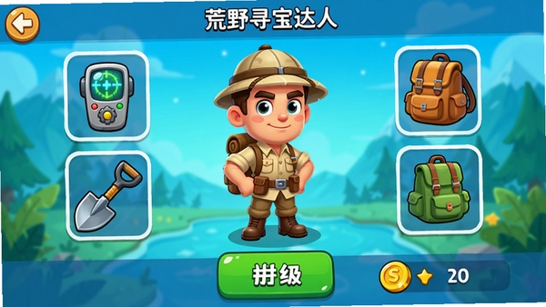 荒野寻宝达人角色装备界面,一名探险家角色站在屏幕中央,周围有探测仪、铲子、背包等装备图标,下方有升级按钮和金币数量,界面简洁清晰,风格卡通,色彩明亮,适合展示游戏养成系统