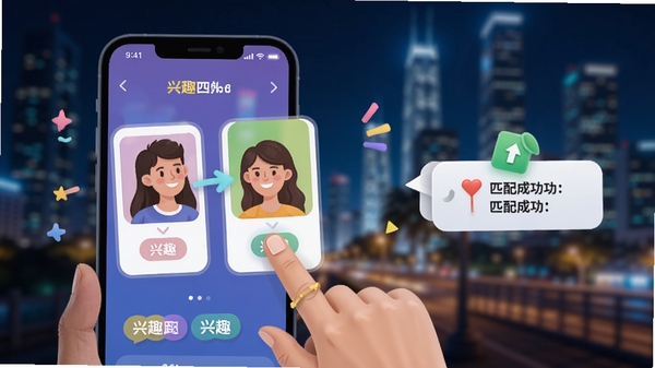 Twoo智能匹配功能示意图,展示用户滑动卡片匹配动画,背景为模糊的城市夜景,界面带有兴趣标签和匹配成功提示,风格活泼,色彩明亮