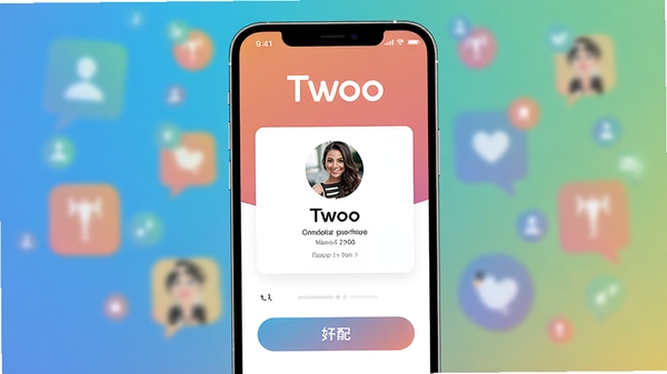 Twoo社交软件主界面预览图,手机屏幕中显示用户资料卡片与匹配按钮,背景为渐变色社交元素,整体风格现代明亮,突出软件名称Twoo,画面主体居中,背景虚化处理,适配Boogu模型生成