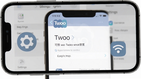 Twoo安装与设置教程图解,手机屏幕显示应用权限管理界面,旁边有齿轮图标和网络连接标识,背景为半透明的设置菜单,整体风格清晰实用,突出Twoo的配置步骤,画面主体为手机界面,背景简洁,适配Boogu模型生成