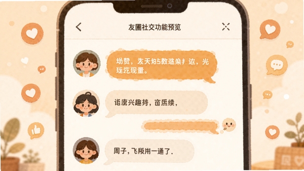 �����罻����Ԥ��ͼ������չʾһ����ȤȦ�ӵ����۽��棬��Աͷ��Բ�����У��Ի������Ѻ���ů��������׺�ŵ��޺����۵�Сͼ�꣬��������ܰ��г��