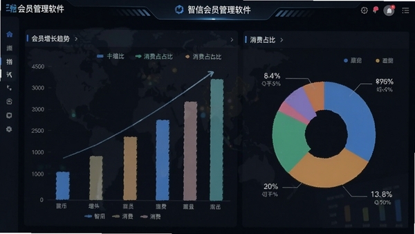 智信会员管理软件的数据分析报表界面,画面主体为柱状图与饼状图展示会员增长趋势与消费占比,背景为深色数据驾驶舱风格,突出商业智能分析能力