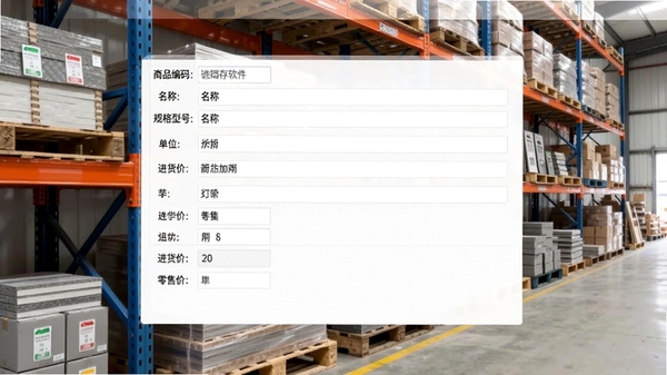 智信建材进销存软件商品入库操作界面截图,画面展示商品信息录入表单,包括商品编码、名称、规格型号、单位、进货价、零售价等字段,界面布局清晰,背景为仓库货架陈列着各种建材样品,风格写实
