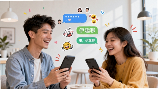 描绘伊趣聊应用主界面,展示多彩聊天气泡、趣味贴纸和动态表情,背景为现代简约风格的社交场景,人物使用手机愉快交流,画面明亮活泼,突出社交互动与趣味性,整体风格清新明快,适配手机竖屏展示。