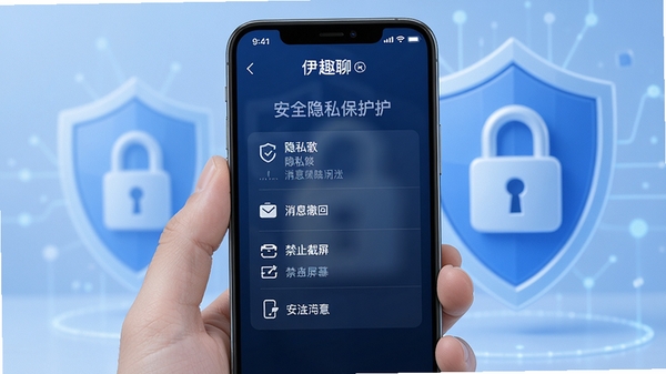 展示伊趣聊安全隐私保护功能,手机屏幕显示隐私设置选项,如消息撤回、禁止截屏等,背景为盾牌或锁的图标,色调偏蓝冷静,突出安全可靠的感觉。