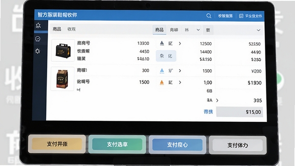 智方服装鞋帽收银会员管理软件的收银结算操作界面,画面上方为收银员操作视角,显示商品明细与金额汇总,下方为支付方式选择按钮,整体界面设计专业且现代化