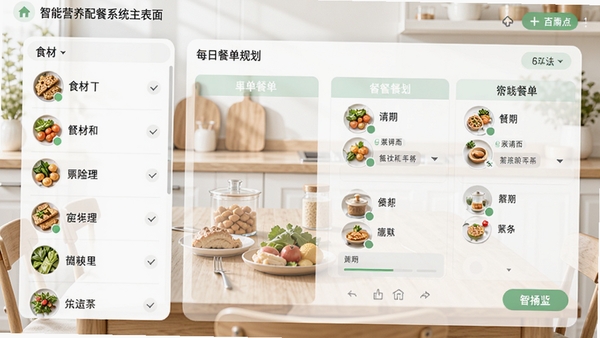 智能营养配餐系统主界面截图,展示清晰的左侧食材列表和右侧每日餐单规划区域,背景为淡雅的厨房餐桌环境,整体画面明亮干净,突出软件的专业性与易用性