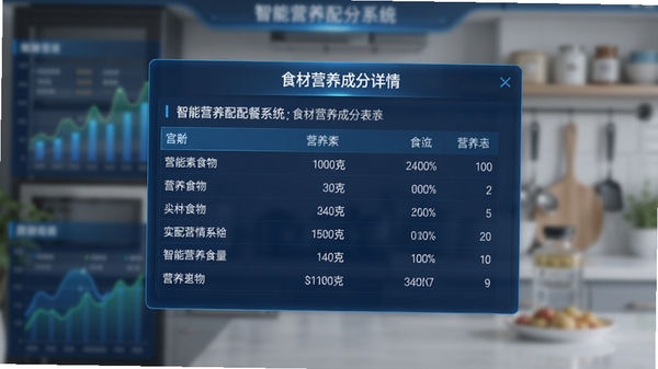 智能营养配餐系统的食材营养成分详情弹窗,展示每100克食物的营养素含量表,界面采用蓝色数据图表风格,背景虚化处理,突出表格数据清晰可读