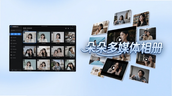主视觉画面,左侧为朵朵多媒体相册的软件主界面缩略图,右侧为悬浮着各类图片与视频封面的立体卡片,整体背景为柔和的浅蓝色渐变,突显媒体管理的整洁与条理性,画面中央偏右位置以艺术字形式呈现“朵朵多媒体相册”名称,风格现代且富有科技感