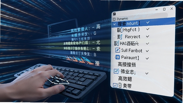 展示本地硬盘搜索工具瞬时搜索效果的动态示意图,键盘敲击后结果瞬间填充列表,背景带有速度线元素,强调高效快捷