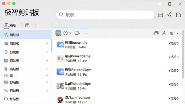 极智剪贴板主界面预览图,展示软件整体布局,左侧为分类列表,右侧为剪贴历史记录,顶部有搜索框,整体风格简洁现代,背景为浅灰色,突出软件名称“极智剪贴板”