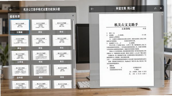机关公文助手格式设置功能演示图,展示公文模板选择界面和自动排版效果,左侧为模板列表,右侧为预览文档,画面清晰展示标准公文版式,背景为办公桌面