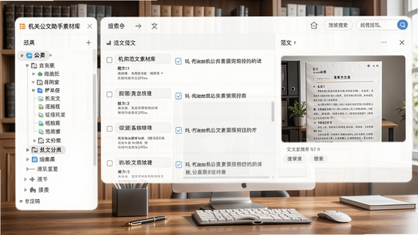 机关公文助手素材库界面,展示范文分类和搜索功能,左侧为分类树,右侧为范文列表和预览,背景为书架或办公桌面,画面整洁有序