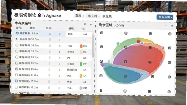 极限切割软件余料管理界面,显示库存余料列表与剩余区域图形,背景为仓库堆叠的板材,展示回收利用概念,画面整洁,数据清晰