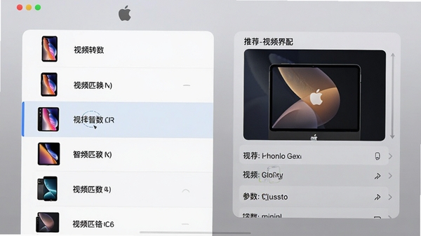 极速iphone视频格式转换器设备适配界面,展示多种苹果设备型号列表,选中某款设备后右侧显示推荐的视频参数,背景为简洁的灰色渐变,突出智能匹配功能