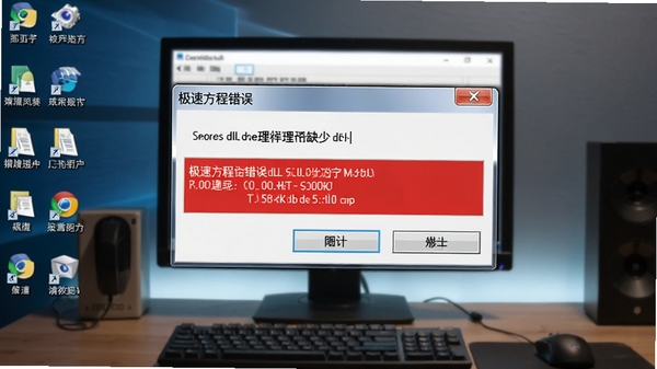 极速方程错误提示弹窗, 显示缺少dll组件, 电脑桌面背景, 高亮显示错误信息, 写实风格