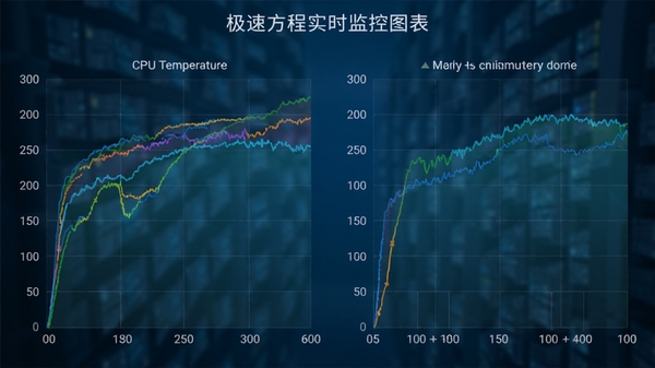 极速方程实时监控图表, 显示CPU温度曲线与内存占用率, 彩色数据线条, 背景为半透明网格, 科技蓝配色