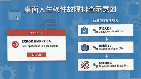 桌面人生软件故障排查示意图,显示错误提示框和解决方案步骤,风格简洁明了