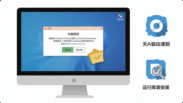 桌面记事贴运行环境修复示意图,电脑屏幕显示错误弹窗,旁边有驱动更新和运行库安装的图标,画面清晰简洁