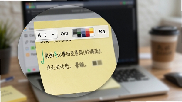 桌面记事贴便签编辑功能展示,一张黄色便签纸放大显示,上面有文字编辑工具栏,包含字体选择、颜色调色板和加粗斜体按钮,背景虚化处理突出便签细节