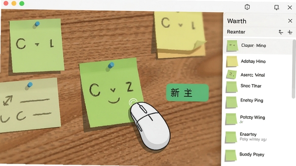 桌面记事贴软件操作演示图,鼠标拖动一张绿色便签在桌面上移动,旁边有新建便签按钮和便签列表,展示多便签管理场景