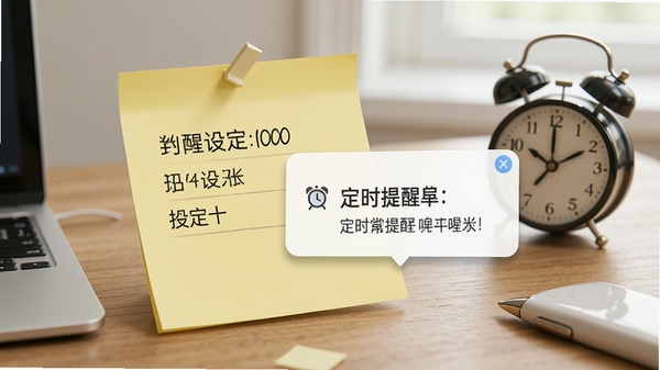 桌面记事贴提醒功能展示图,一张黄色便签上显示时间设定界面,桌面上弹出提醒窗口,同时有闹钟图标和文字提示,体现定时提醒特性
