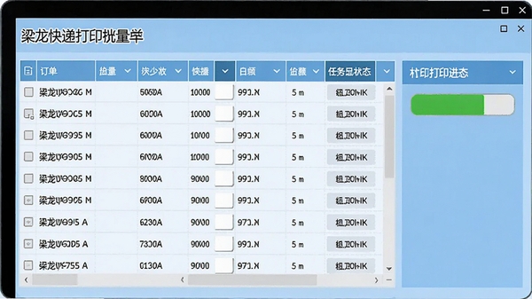 梁龙快递打印批量打印操作界面,显示多行订单数据列表,右侧为打印进度条,背景为浅蓝色调,突出数据表格和任务状态,画面清晰专业