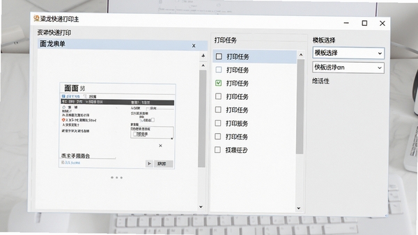 梁龙快递打印主界面截图,显示清晰的软件操作面板,包含面单预览区、打印任务队列、模板选择下拉框等元素,背景为干净的浅灰色工作台,整体风格写实、明亮,突出软件的专业性与易用性