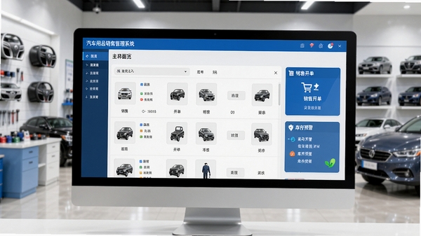 汽车用品销售管理系统主界面预览图,展示商品列表、销售开单、库存预警等功能模块,整体风格简洁商务,色彩以蓝白为主,画面主体为电脑屏幕中的软件界面,背景为整洁的汽车用品店铺环境