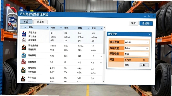 汽车用品销售管理系统库存管理界面截图,展示商品列表、库存数量、预警设置窗口,界面清晰,数据详细,背景为仓库货架,货架上摆放着机油、轮胎等汽车用品