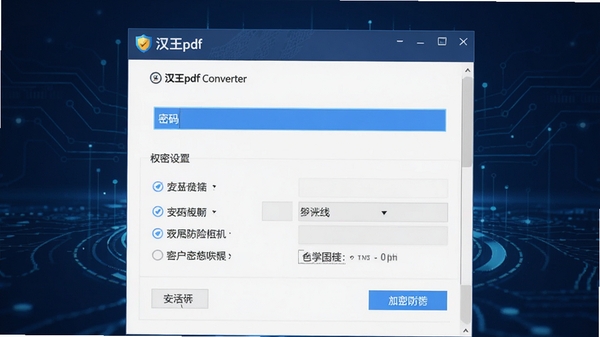 汉王pdfconverter的加密设置界面预览图,展示密码输入框与权限选项,背景为深蓝色科技感风格,强调软件的安全防护特性