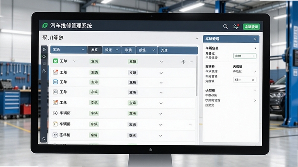 汽车维修管理系统主界面截图,展示简洁的工单列表和车辆信息管理面板,背景为现代汽修车间,电脑屏幕显示系统界面,画面清晰明亮
