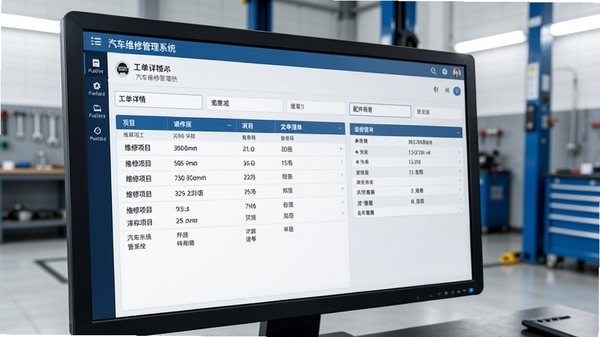 汽车维修管理系统工单详情界面,显示维修项目列表和配件清单,背景为整洁的汽车维修工位,电脑屏幕特写,界面数据清晰