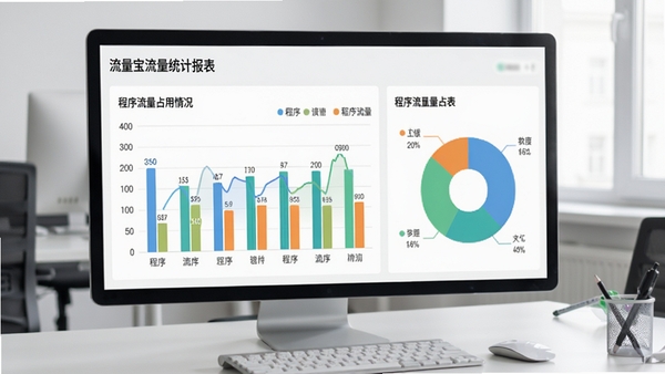 流量宝流量统计报表界面,展示柱状图与饼图,分类列出程序流量占用情况,背景为简洁办公桌面,图表配色清新,数据展示清晰明了