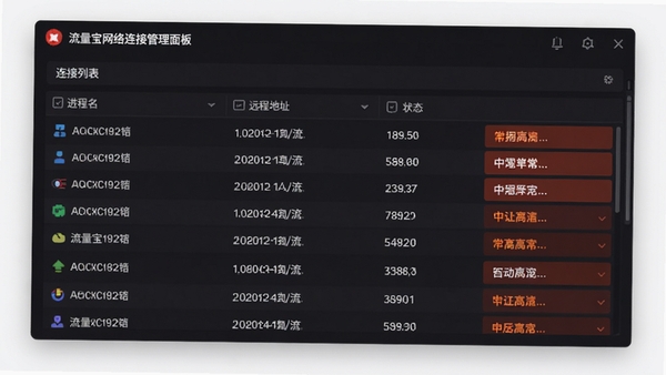 流量宝网络连接管理面板,列出连接列表,包含进程名、远程地址、状态等列,背景为深色界面,文字高亮显示异常连接,强调安全管理功能
