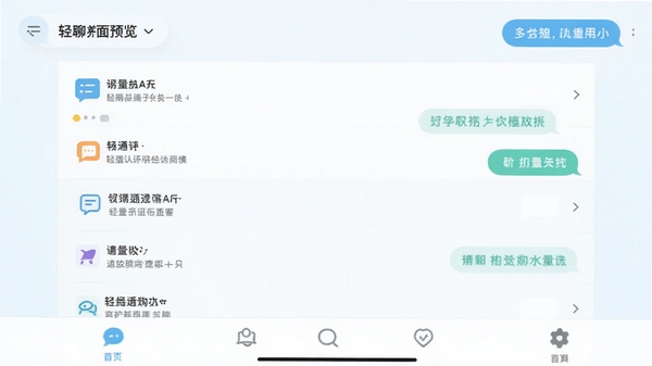 简聊软件主界面预览图,展示简洁的聊天列表和底部导航栏,背景为浅色系,整体风格干净明亮,突出轻量级通讯应用的清爽感。